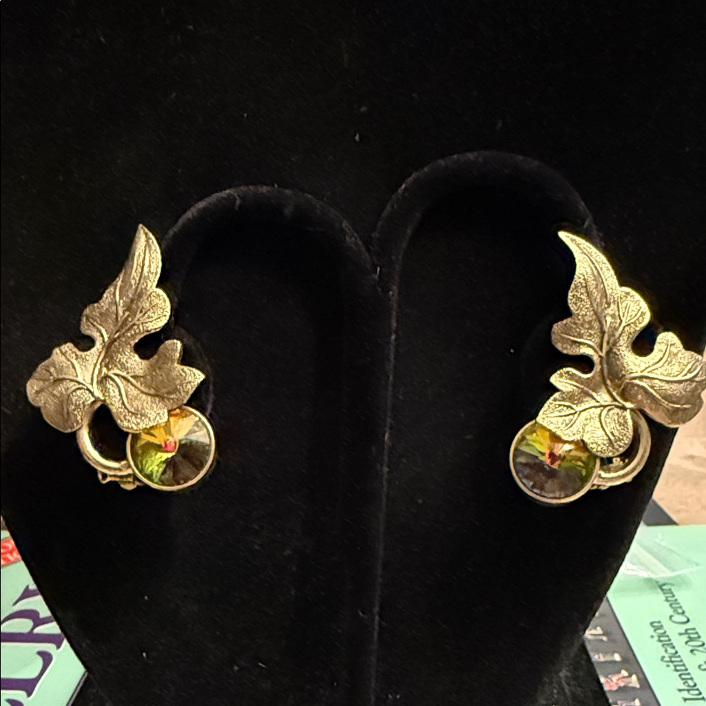Whiting And Davis Vintage 1980s Reveille Crystal And Goldtone Leaf Clip Earrings